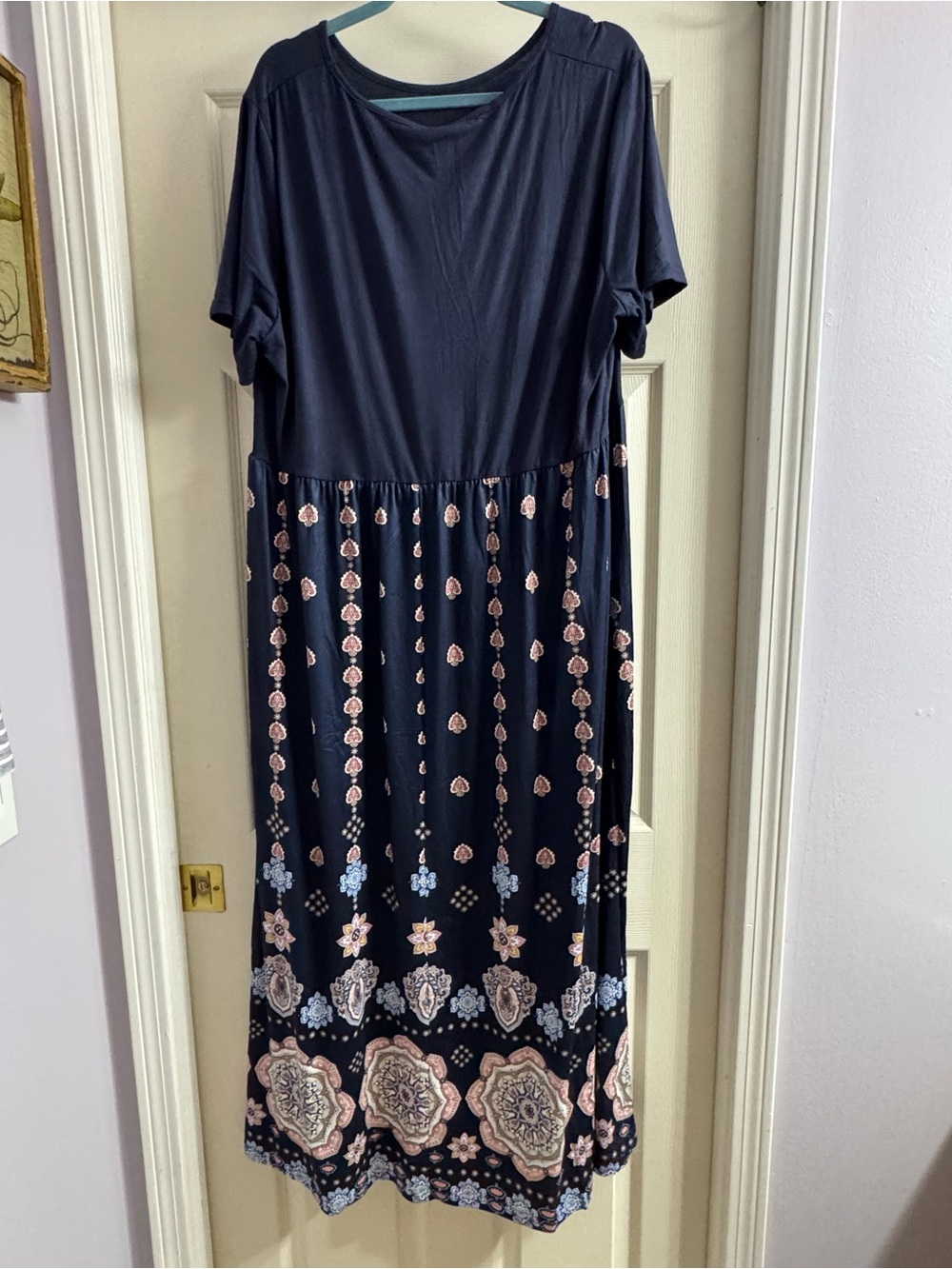 Women's Navy Short-Sleeve Maxi Dress with Floral Border Plus Size XXXL